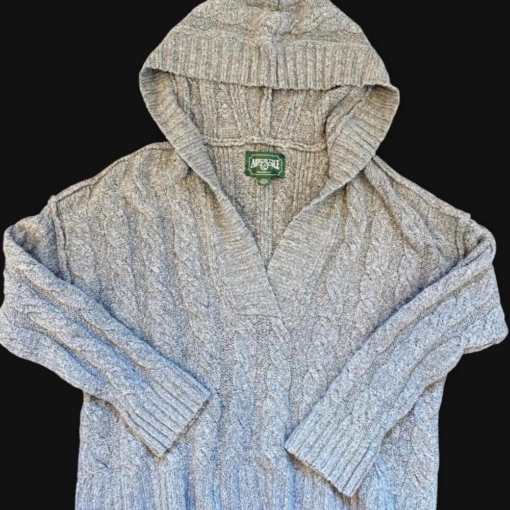 American Eagle Grey Cable Knit Hooded V-Neck Sweater